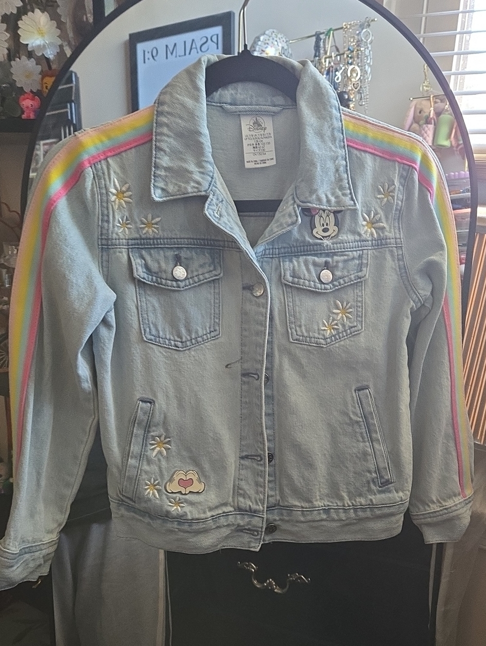 Disney Light Blue Denim Jacket with Rainbow Stripes & Daisy Embroidery